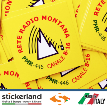 Adesivo ufficiale Rete Radio Montana – base giallo – Kit 20 pezzi da 3 cm