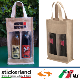 Borsa in Juta laminata per due bottiglie da 75 cl. con maniglie e cuciture rinforzate personalizzabile con il tuo logo/marchio